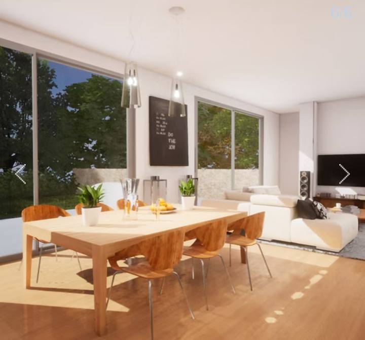 Rendu intérieur salon/salle à manger, projet Auderghem